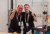 Simon Dorndorf (rechts im Bild) und Bundestrainer André Schnabel (links) recken nach dem letzten Wettkampftag im Skill "Plumbing and Heating" bei den EuroSkills 2021 in Graz (Österreich) eine Faust in die Luft.